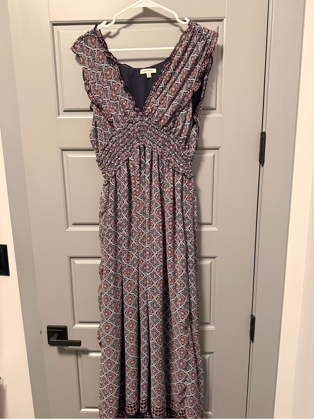 Max Studio Pink and Navy Patterned Smocked Maxi Dress XL
